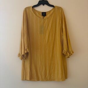 W5 Mustard Yellow Striped Boho Tunic Dress 2X Flowy Bell Sleeves Made in USA